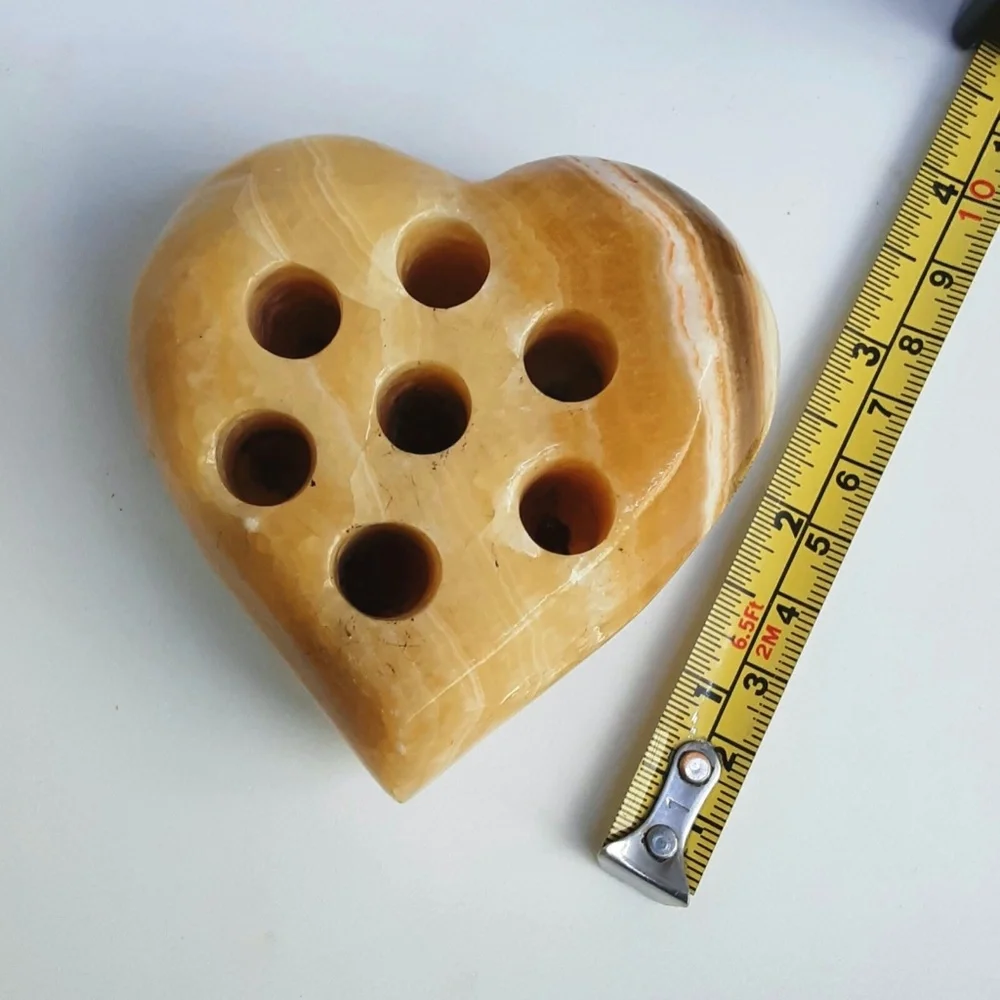 Onyx Stone Heart Pencil Pen Holder Amber Ivory Layered Marbling Desk Top